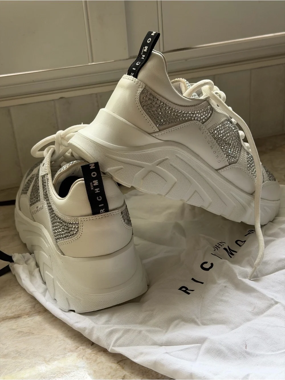 John Richmond White Sneakers with Silver Crystal Panels